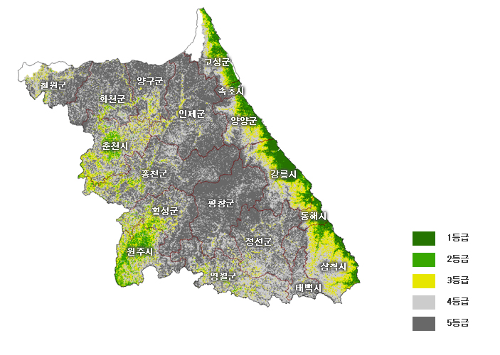 배 재배 안전지대 전자지도(강원지역) 이미지